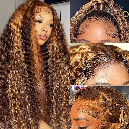 32 Inch Highlight Ombre Lace Front Wig Human Hair 4/27 Honey Blonde Deep Wave Lace Front Wigs Human Hair 200% Density 13x6 HD Lace Front Wigs Human Hair for Women Glueless Wigs Human Hair Pre Plucked